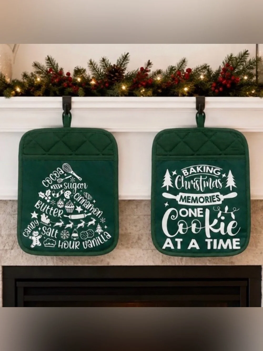 Festive Holiday Pot Holders - Green with White Lettering - Set - of 2